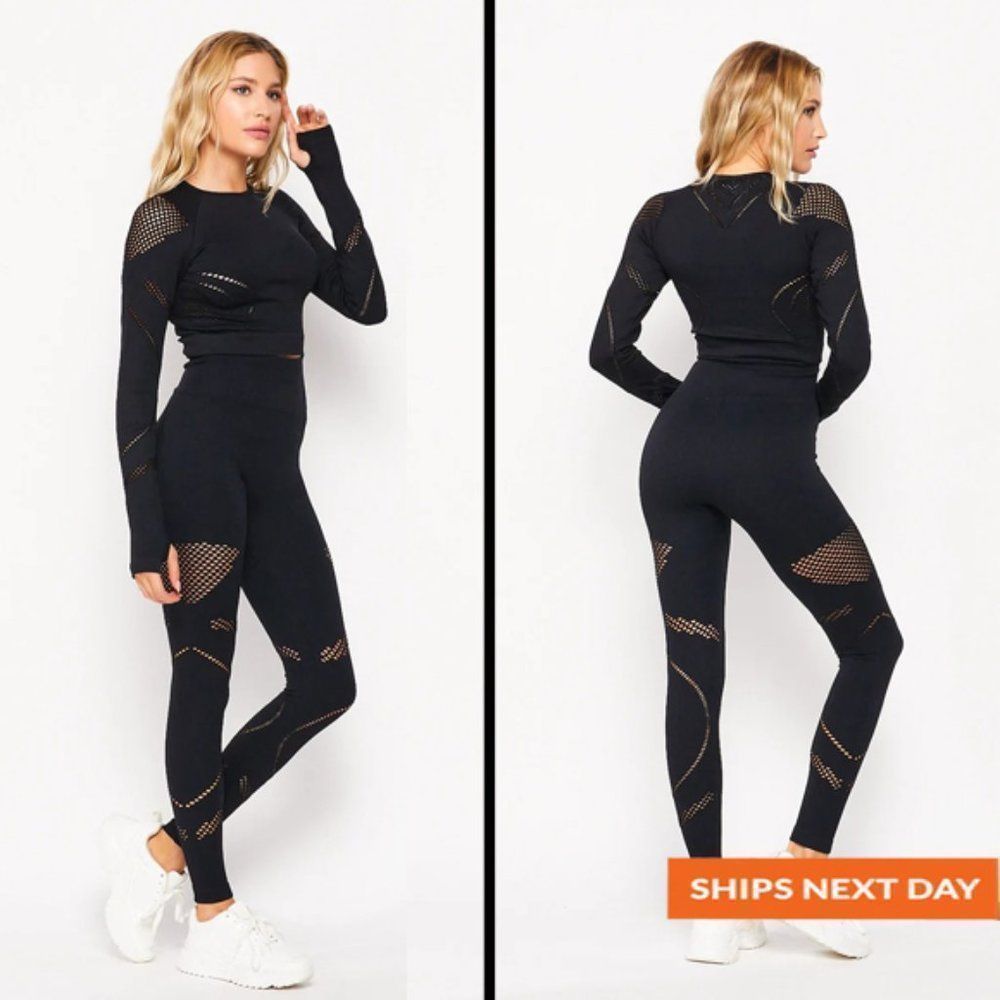 Seamless Macramé Laser Cut Long-sleeved Two Piece Sport Set - Seamless
